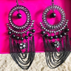 Black with silver rhinestone chandelier earrings
